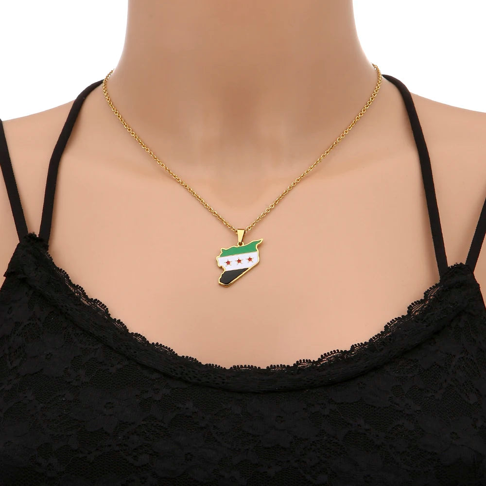 Fashion Free Syrian Army Map Flag Pendant Necklace Stainless Steel Gold/Silver Color Syrians Men Women Maps Jewelry Ethnic Gift